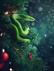 Fototapeta premium Christmas fir branches and a green snake.
