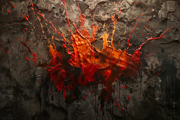 A dramatic scene of fiery red and orange paint splashes erupting against a shadowy, textured...