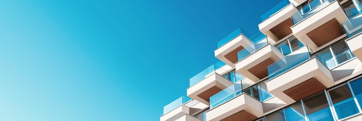 Minimalistic design of a modern apartment building stands against a clear blue sky