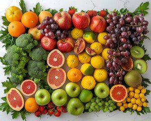 A row of colorful fruits and vegetables on a wooden table with a blurred background.