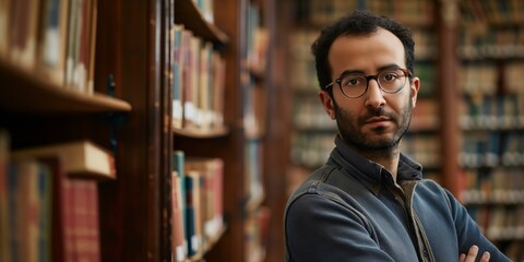 Intellectual man poses with a thoughtful expression in a library setting, surrounded by a wealth of knowledge