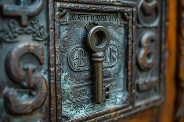 A key inserted into a keyhole on a door engraved with symbols of various currencies. The key symbolizes access to success and wealth in business