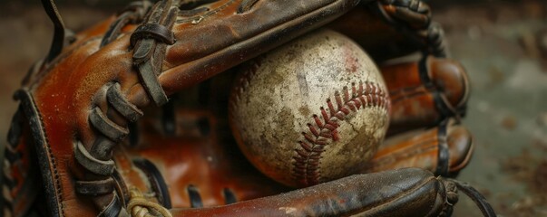 A well-worn baseball glove with a ball nestled inside. The glove is made of brown leather and has red stitching. The ball is covered in dirt and has a red seam.