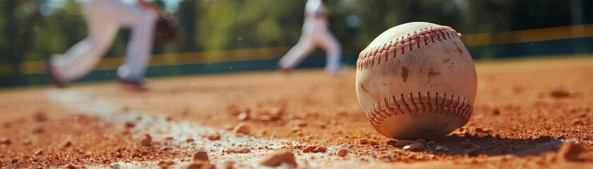 Little league baseball game with a close up of the ball on the infield dirt with blurred players in the background.