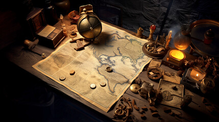 background with antique clock old compass and map retro vintage antique navigation  history desktop...