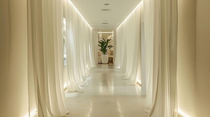 A long, narrow hallway with white walls and sheer white curtains - obrazy, fototapety, plakaty