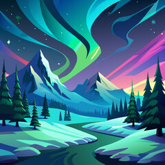 winter landscape with forest and mountains, Luminous northern lights backgrounds over snowy landscapes for travel and nature documentaries.