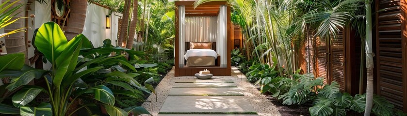 A serene and private outdoor massage cabana, surrounded by lush tropical plants and flowers. The perfect place to relax and rejuvenate.