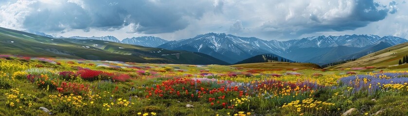 Panoramic shot of a colorful wildflower meadow with a mountain range in the distance