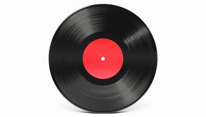 Obraz premium Red label gramophone vinyl LP record with realistic retro design isolated on white background