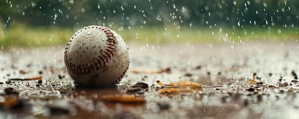 A well-worn baseball sits in the rain