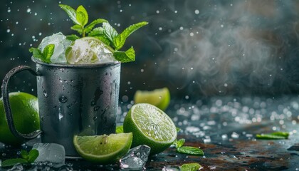 Moscow Mule made with lime mint ice in metal cup - Powered by Adobe