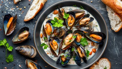Mussels in cream sauce bread and seafood close up