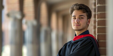 Fototapeta premium A young male graduate smiles confidently outside an academic building