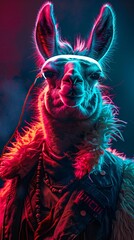 Fototapeta premium Llama dressed in a sleek cyberpunk outfit, neon lights accentuating its cool style