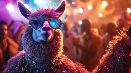 Fototapeta premium Llama in a swanky disco outfit, sparkling under a nightclub's vibrant lights