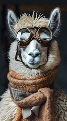 Llama sporting a stylish vintage aviator costume, complete with goggles and scarf