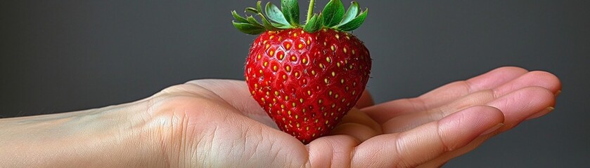 Obraz premium A red strawberry in hand