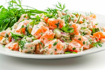 Olivier salad with vegetables and herbs on white background Side view close up