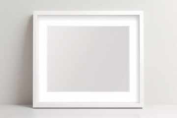 Minimales, leeres, quadratisches Bild mit weißem Rahmen, das auf einem weißen Wandhintergrund mit Fensterlicht und Schatten hängt. Bild isolieren
