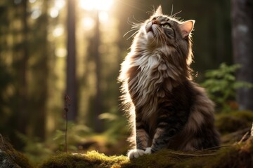 Fototapeta premium Studio portrait photography of a funny norwegian forest cat scratching on forest background