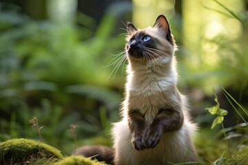 Obraz premium Close-up portrait photography of a curious balinese cat kneading with hind legs isolated on forest background
