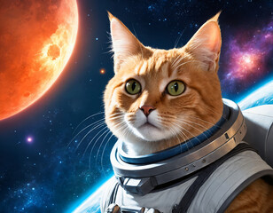 The muzzle of a red cat astronaut in a spacesuit against the backdrop of space