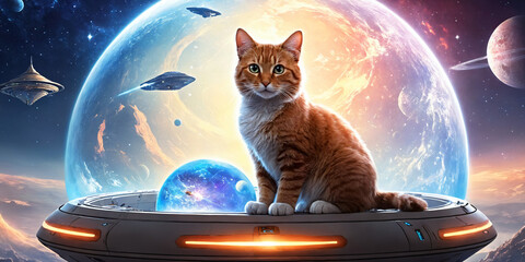 Red cat in a spaceship in space
