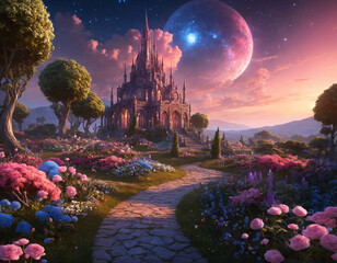 Majestic castle in nature with a large planet in the background