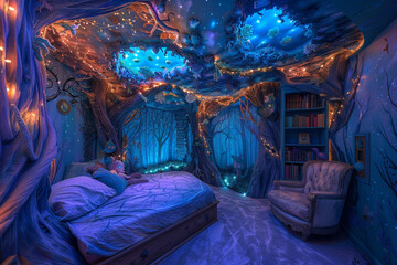 A fantasy-themed teenager's bedroom with walls painted to depict a mystical forest in shades of blue and purple, including glowing, magical creatures hidden among the trees. 