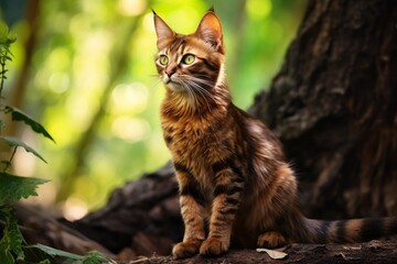 Obraz premium Full-length portrait photography of a smiling havana brown cat back-arching while standing against forest background