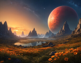 Mountain lake, against the backdrop of a large planet and space