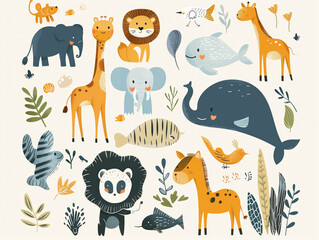 Obraz premium Explore a charming selection of animals, fish, and birds in modern vector art. From the elegant giraffe to the powerful lion, each creature is beautifully illustrated. Also included are the clever fox