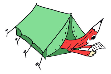 Cartoon illustration of a pencil looking out of a tent