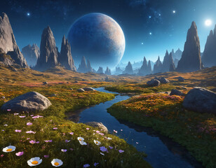 Day and night mixed together. Starry sky and planet and sunny day on Earth: small mountain river and flowers