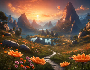 A path leading to a lake at the foot of the mountains. Beautiful landscape, breathtaking