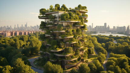 Green skyscraper building with plants growing on the facade. Ecology and green living in city, urban environment concept. Park in the sky, One central park building, - Powered by Adobe