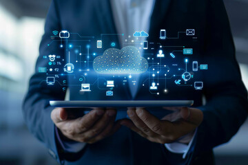 Fototapeta premium Cloud computing integration: businessman with tablet and technology graphics