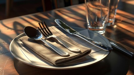 Tableware set on a plate includes fork, spoon, and glass with a napkin neatly folded on a table hyper realistic 