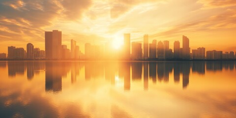 Obraz premium A serene city skyline reflects beautifully on the calm water against the backdrop of a breathtaking sunset