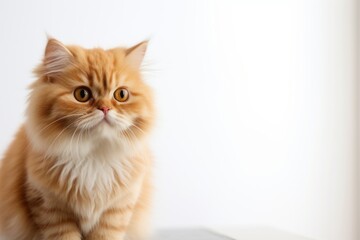 Close-up portrait photography of a cute persian cat playing in minimalist or empty room background