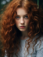 Fototapeta premium Woman portrait with a freckles and a long red curly hair