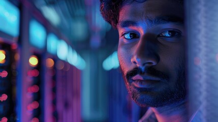 The close up picture of the IT specialist man from south asia is looking at camera and working in the server room, the IT specialist require skill like technology knowledge and data analysis. AIG43.tt