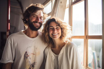 portrait of a couple in the office, their light kitchen. Happy young couple smiling and holding painted ladder stock photo, airy and light. - Powered by Adobe