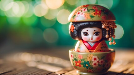 cute japanese doll on green background
