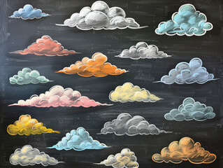 Vibrant chalk drawings of clouds on a dark board create a lifelike sky scene. The textured illustrations come in a range of colors, making the collection dynamic and vivid.