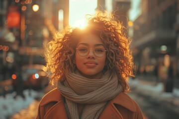 Obraz premium Stylish young woman with curly hair in winter