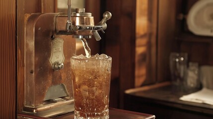  A vintage soda fountain dispensing bubbling soda into a tall glass filled with ice
