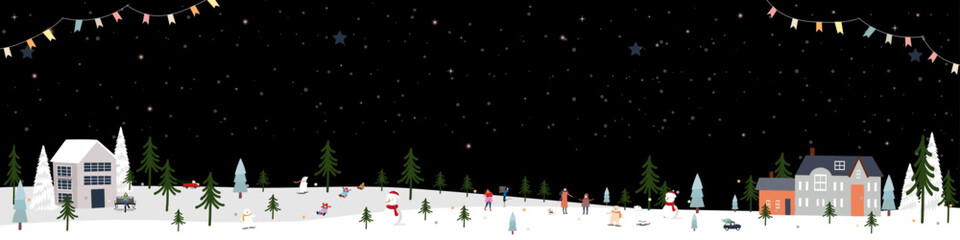 Christmas Background,Cute Winter landscape in the town with Happy people celebration in city park for Christmas Eve at night,Vector Web Banner New year 2025 card,Flyers, Posters,Calendar background