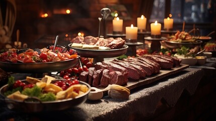 Catering buffet with food and grilled meat for event athmospheric light in restaurant ultra realistic photography
